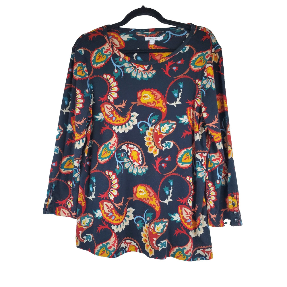 Chico's 2 Womens Large Top Floral Print Black Long Sleeve 100% PIMA Cotton